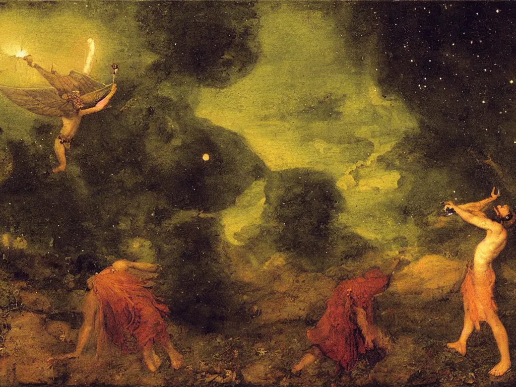 Image similar to Man fighting a phosphorescent moth under the stars, painting by Arnold Bocklin
