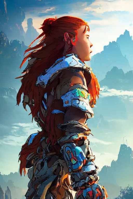 Image similar to combination suit armor aloy horizon forbidden west horizon zero dawn radiating a glowing aura global illumination ray tracing hdr fanart arstation by ian pesty and alena aenami artworks in 4 k tribal robot ninja mask helmet backpack