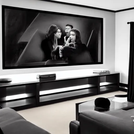 Image similar to a modern home movie theater, sleek, stylish, comfortable, charcoal sketch, professional