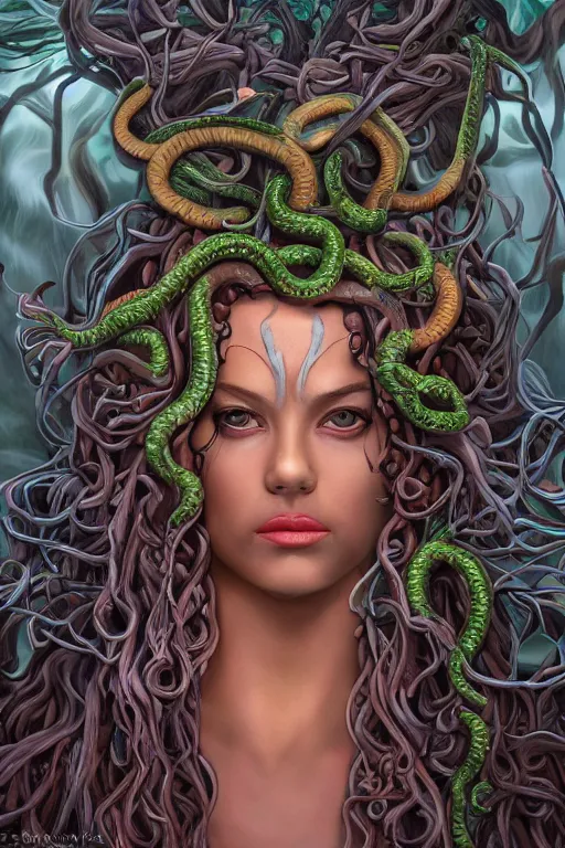 Prompt: highly detailed, digital painting of the beautiful Medusa, with symmetrical facial features, and her many snakes as hair,,vibrant dark mood, full view, Kodakchrome, vivid, Hyperdetailed, 4k hd matte digital painting, 8k resolution, enchanting and otherworldly, Hyperdetailed, Gsociety, trending on ArtstationHQ, dreamscape.
