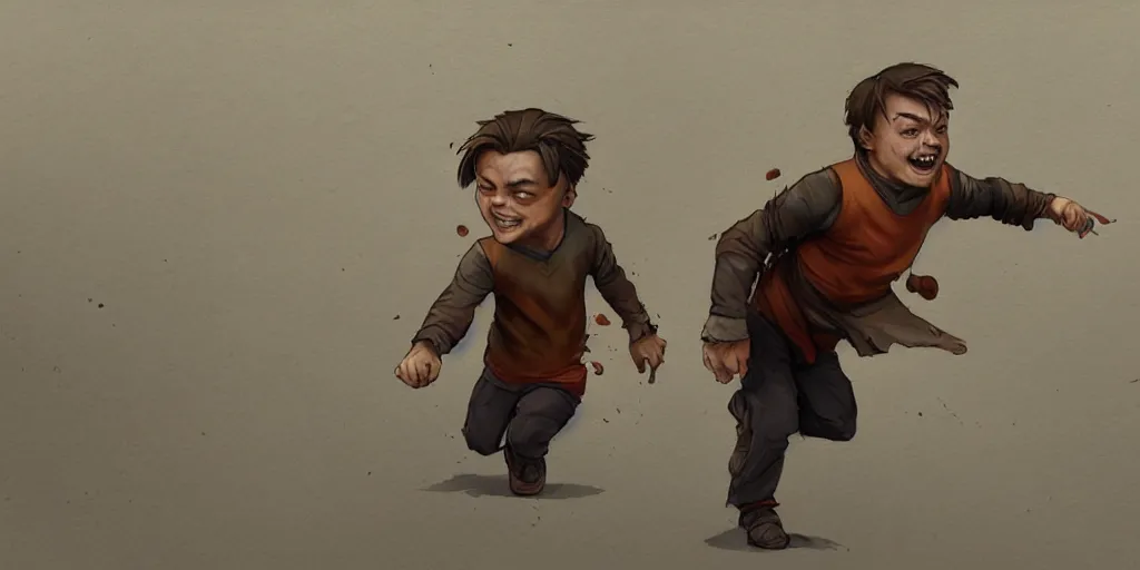 Image similar to cartoonish little leonardo di caprio running, geert goilis, vivid colors, character sheet, fine details, concept design, contrast, kim jung gi, greg rutkowski, trending on artstation, 8 k, full body, turnaround, front view, back view, ultra wide angle