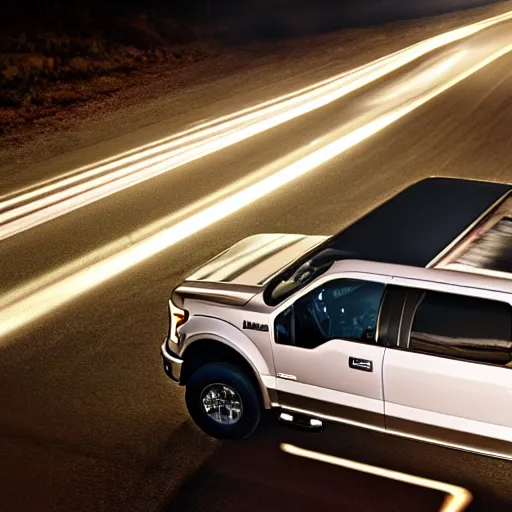 Image similar to ford f - 1 5 0 tailgating a car on the highway with the highbeams on, nighttime, photo, detailed