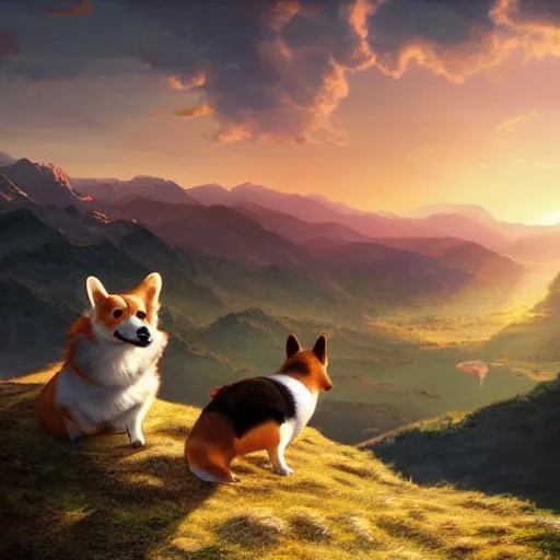 Prompt: colossal corgi looking at the sunset over mountains, artwork by raphael lacoste, epic, cute