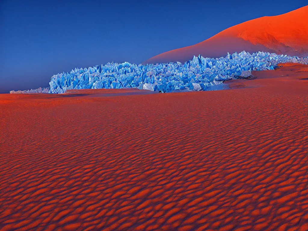 Prompt: cinestill of a huge backlit glacier in the sahara desert, golden hour, breathtaking, high definition photograph by national geographic