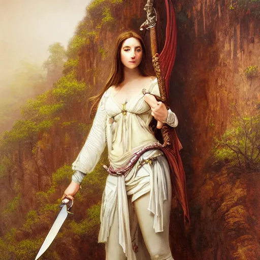 Image similar to artstation concept of a beautiful girl holding a sword in both hands, brown sweaty skin, symmetrical face, casual white garment, brown canyon background, shiny colorful, hyperdetailed, artstation trending, world renowned artists, worth1000.com, historic artworks society, antique renewel, cgsociety, by greg rutkowski, by Gustave Dore, Deviantart