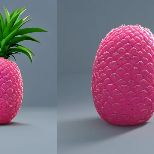 Image similar to 3 d render of a hovering pink pineapple against a pink backdrop with slight sadow underneath ophotorealistic, 4 k, cgsociety, blender, unreal engine 5, sharp details, 3 0 0 dpi