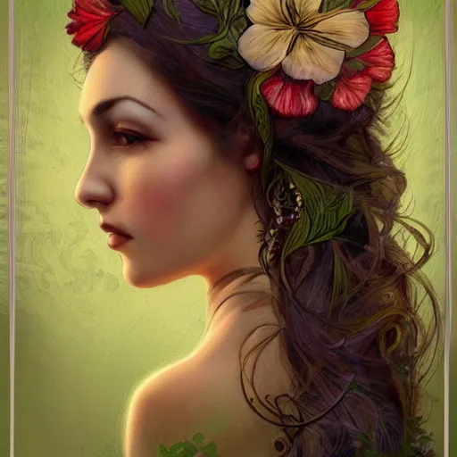 Image similar to realistic detailed face portrait of a beautiful woman with flowers in her hair by jenny savilla, fairytale, art nouveau, victorian, neo - gothic, character concept design, smooth, extremely sharp detail, finely tuned detail, story book design, storybook layout