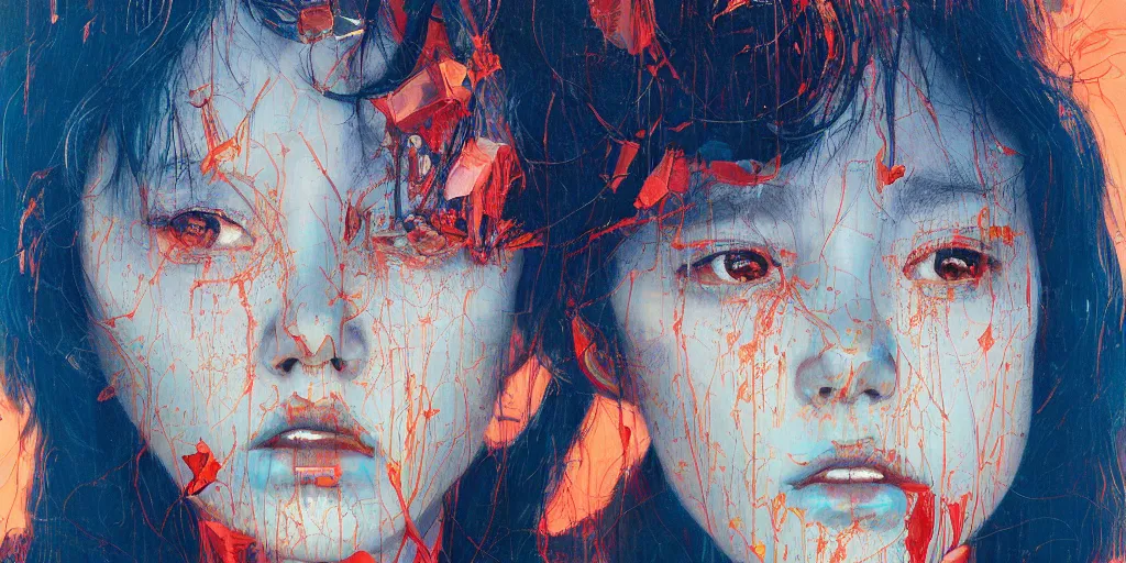 Image similar to monumental portrait soft light by james jean and satoshi kon and erik jones, inspired by evangelion, smooth feature, intricate oil painting, high detail illustration, sharp high detail, klein blue 1 9 9 9
