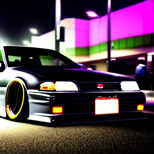 Image similar to a car JZX100 twin turbo drift at illegal car meet, Shibuya prefecture, city midnight mist lights, cinematic lighting, photorealistic, highly detailed wheels, high detail