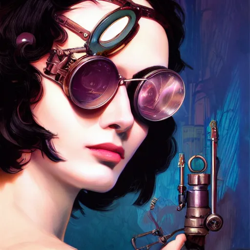 Image similar to a head and shoulders portrait of a dark haired woman, neon, retro, steampunk, goggles, smooth, sharp focus, intricate, artstation, detailed concept art by Rutkowski and Mucha and sky sewa and Marc Simonetti