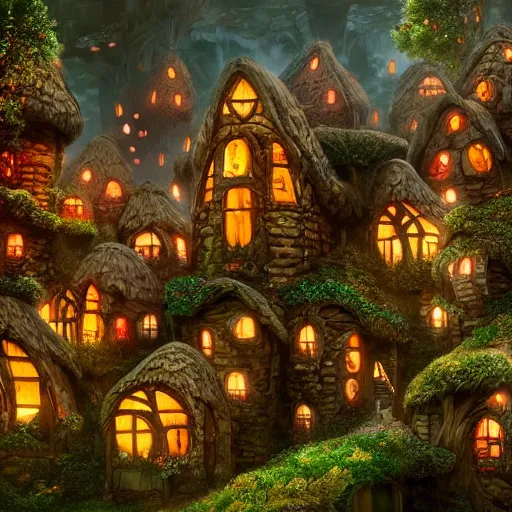 Prompt: a fairy mushroom house village, fantasy, hyper detailed, cinematic atmosphere, arnold render, trending on artstation, cgsociety
