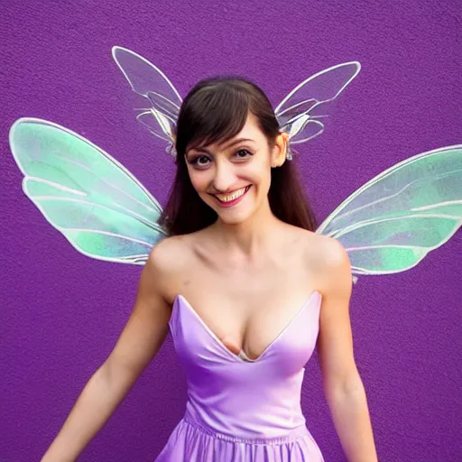 Prompt: very very very beautiful tiny fairy woman in her 20s with fairy wings wearing skintight purple dress, making eye contact, smiling, flirty, perfect body, perfect face, hyperrealistic