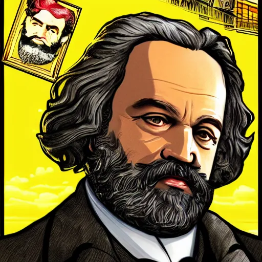 Prompt: Karl Marx in GTA V, Cover art by Stephen Bliss, boxart, loading screen