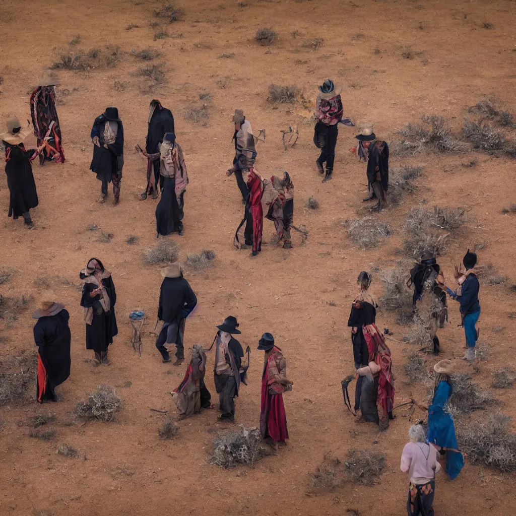 Image similar to photograph of three ravers, two men, one woman, woman is in a trenchcoat, blessing the soil at night, seen from behind, talking around a fire, two aboriginal elders, dancefloor kismet, diverse costumes, clean composition, desert transition area, bonfire, starry night, australian desert, xf iq 4, symmetry, sony a 7 r