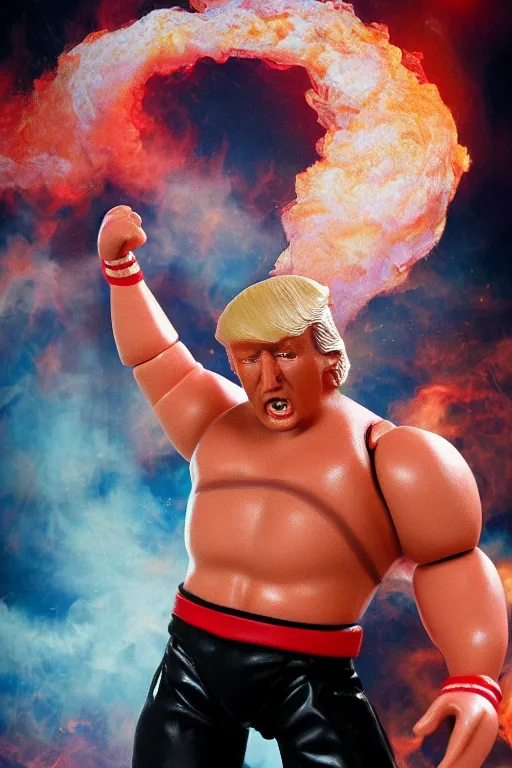 Image similar to detailed illustration, donald trump as a 1 9 8 0 s wrestling action figure, ultra realistic, dramatic lighting, thick black swirling smoke tornado, artstation