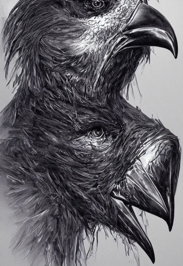 Prompt: a beautiful painting of a raven mask, by mark brooks, detailed drawing, concept art, stunning visuals, portrait