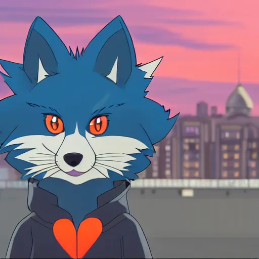 Image similar to key anime visual portrait of a blue anthropomorphic fox furry fursona wearing a bright hoodie, city park in the background at sunset, modern animation still, 4 k