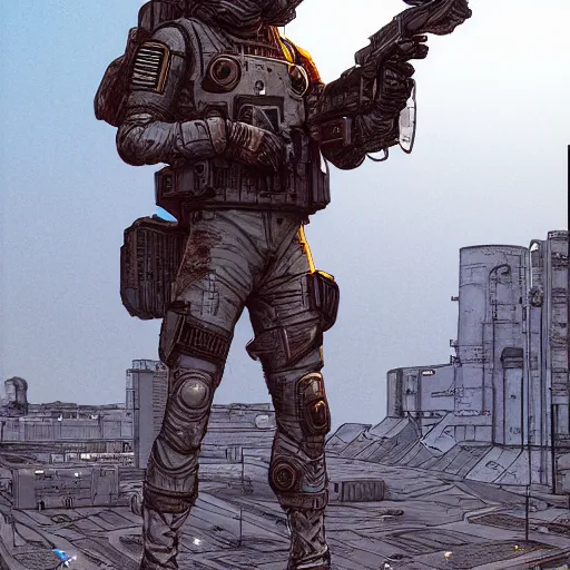 Image similar to a cyberpunk soldier with tactical gear and a rifle patrolling a city on mars, Industrial Scifi, detailed illustration, character portrait, by Martin Grip and Moebius