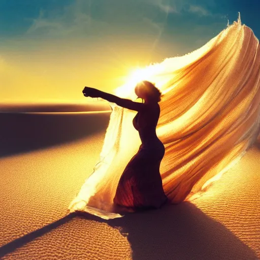 Image similar to filmstill photography of female body silhouette covered with curly white translucent blanket blowing in wind, acrylic liquid colors, luxurious supermodel photoshooting, golden jewelry, bokeh, godrays, strong wind, wrinkles, sunrays, sunset, lens flares, monet, renoir, cold colors, digital illustration, art noveau, liquid marbling painting, sand dunes