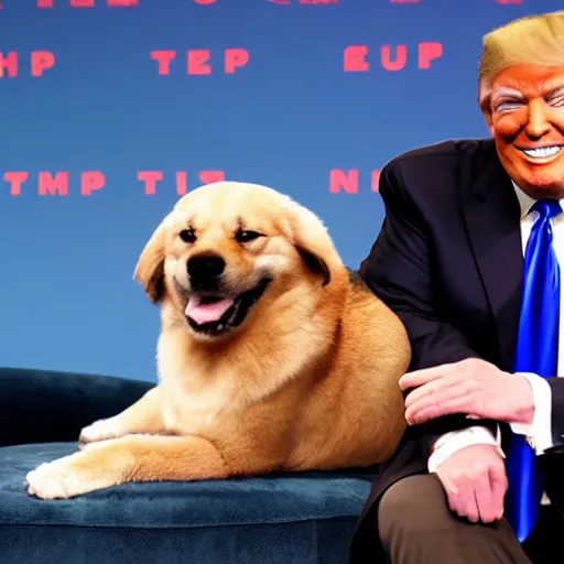 Prompt: donald trump smiling with a dog on his lap