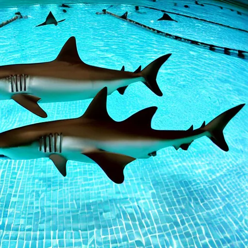 Prompt: sharks in a swimming pool