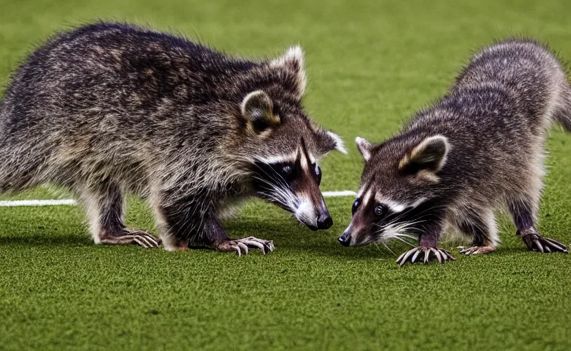 Image similar to soccer game with raccoons all over the field, sports photography, very detailed, 8 k,