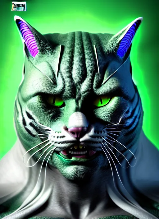 Prompt: portrait of cat as the hulk, hyperdetailed illustration by irakli nadar and alexandre ferra, volumetric lighting, celtic fantasy art, psychedelic, intricate, hyper detailed, smooth, vibrant aura, intricate linework, white porcelain skin, faberge, coral