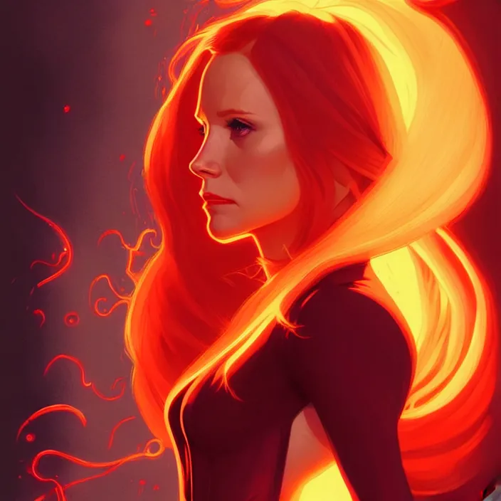 Image similar to style artgerm, joshua middleton, beautiful kristen bell with dark red dress, very long orange hair, symmetrical face, symmetrical eyes, fire powers fire swirling, detailed, volcano setting, cinematic lighting