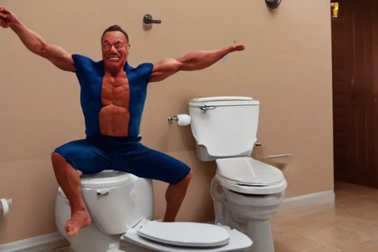 Image similar to hyperrealistic Jean Claude Vandamme doing the splits over a toilet, golden hour, smiling, award winning