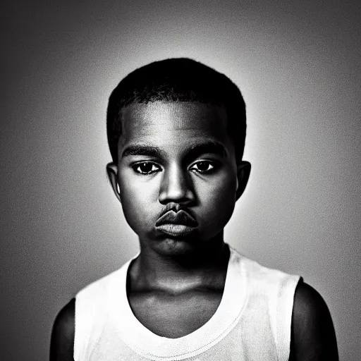 Image similar to the face of young kanye west at 9 years old, portrait by julia cameron, chiaroscuro lighting, shallow depth of field, 8 0 mm, f 1. 8