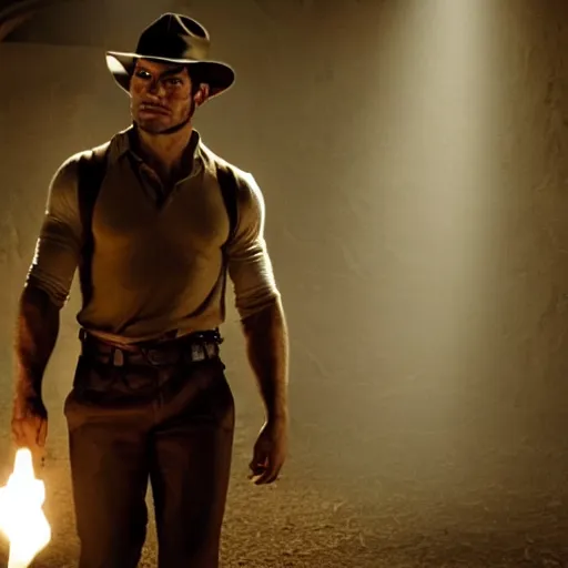 Prompt: still of Henry Cavill as Indiana Jones with a torch in a secret antic room, centred, full body, focused, cinematic light, by Steven Spielberg, eighties movie, 4K, detailed