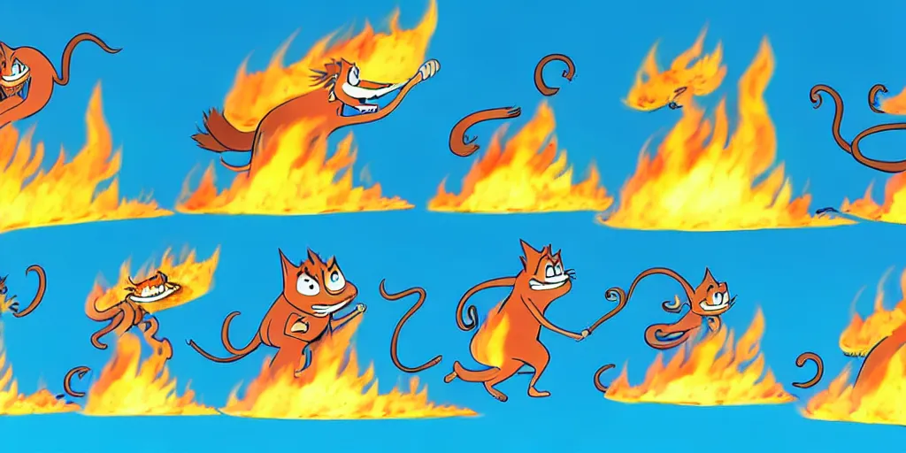 Prompt: cartoon concept art, terrified animal characters running from the fire, spiral clouds, from lorax movie