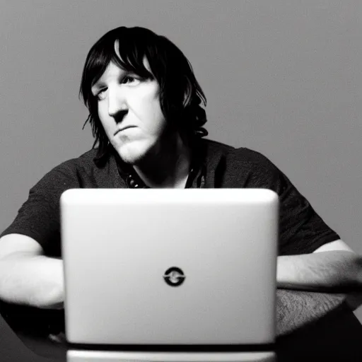 Image similar to elliott smith using a computer, ultra realistic, 8 k, photorealistic