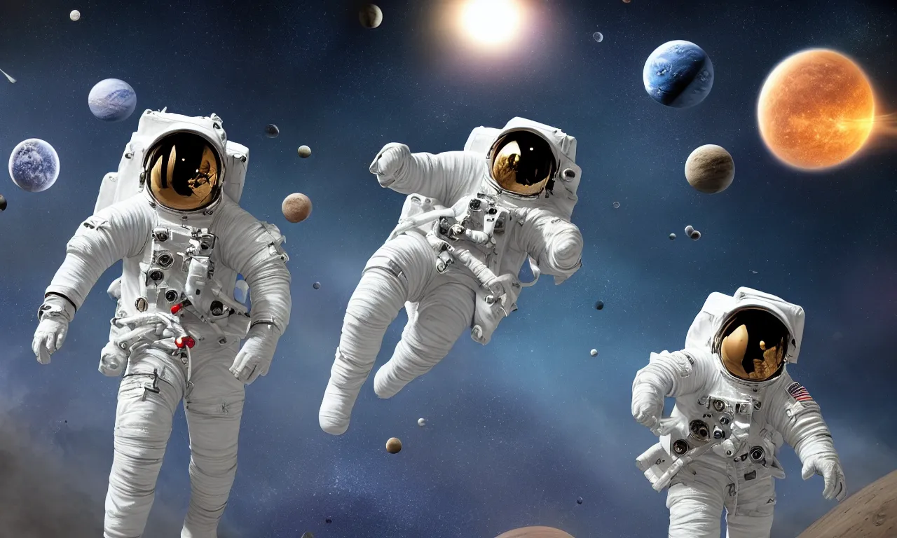 Image similar to an astronaut walking in the space, background solar system, 8k, 3D, highly detailed