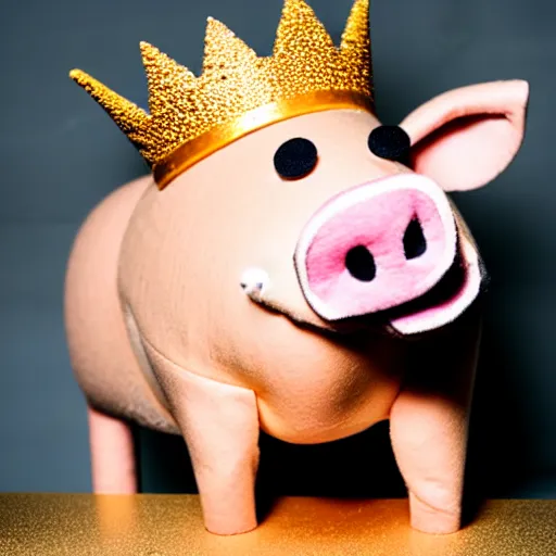 Image similar to studio photograph of a pig wearing a gold crown depicted as a muppet cooking