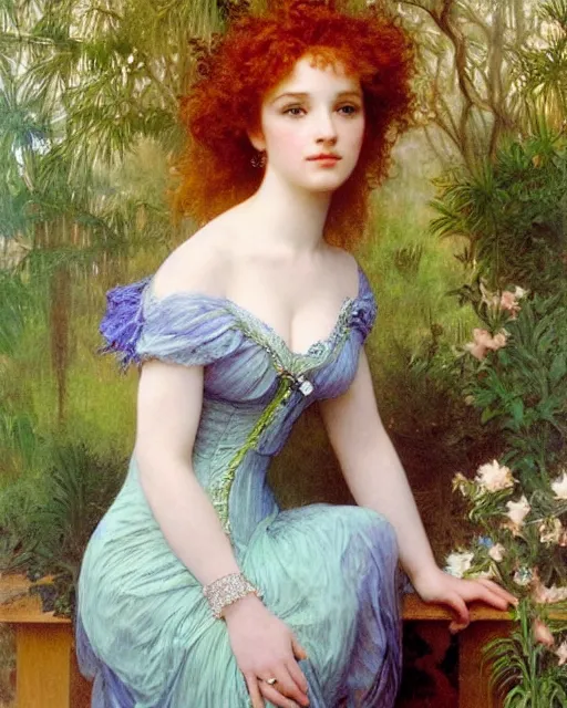 Image similar to young 1 8 - year old christina hendricks wearing an iridescent wedding dress covered in pearls, highly detailed, intricate, by bouguereau, alphonse mucha, and donato giancola