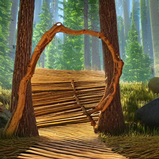 Prompt: A portal made out of twisted wood in the middle of a pine forest. The portal leads to a quiet, sandy beach. Unreal engine, photorealistic.