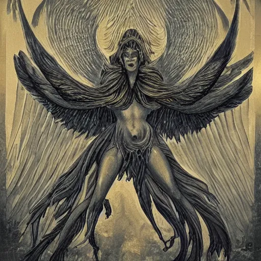 Image similar to giant imposing seraphim with many eyes and many wings, eyes for feathers, glowing, terrifying