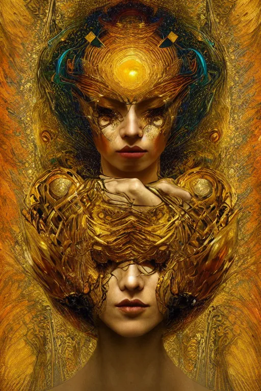 Image similar to Intermittent Chance of Chaos Muse by Karol Bak, Jean Deville, Gustav Klimt, and Vincent Van Gogh, beautiful surreal portrait, enigma, destiny, fate, inspiration, muse, otherworldly, fractal structures, arcane, ornate gilded medieval icon, third eye, spirals