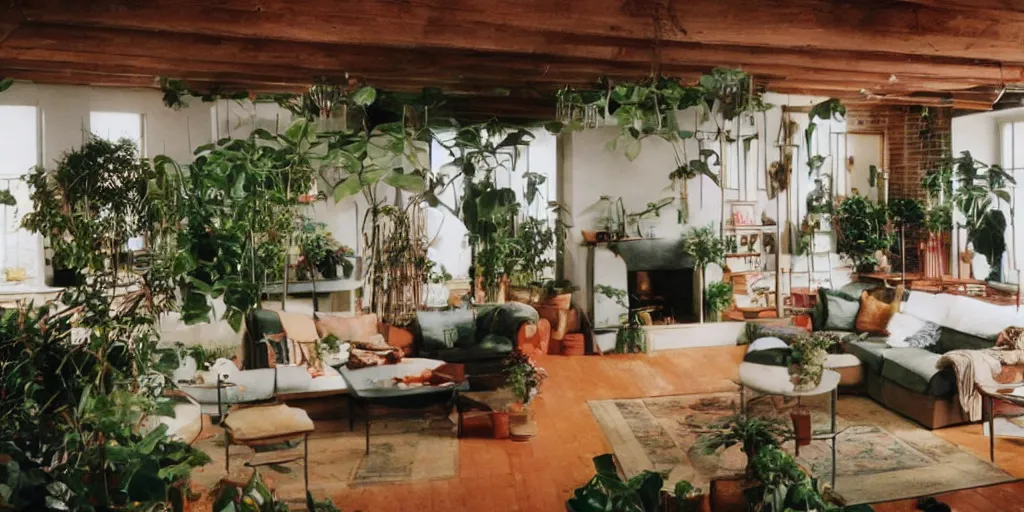Prompt: a loft with lots of plants and a big fireplace by stanley kubrick