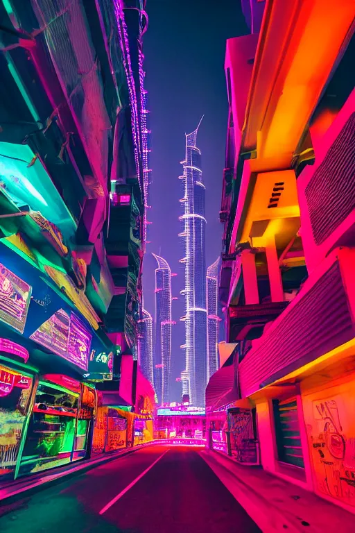 Prompt: neon streets of dubai, 4 k, award winning photo, cyberpunk style