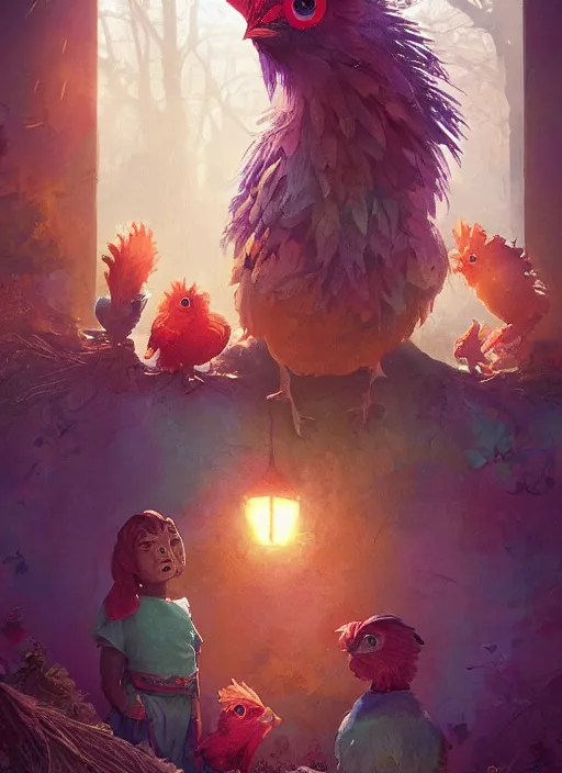 Prompt: a hen and her two children in a colorful movie by nuri iyem, james gurney, james jean, greg rutkowski, anato finnstark. pixar. hyper detailed, 5 0 mm, award winning photography, perfect faces