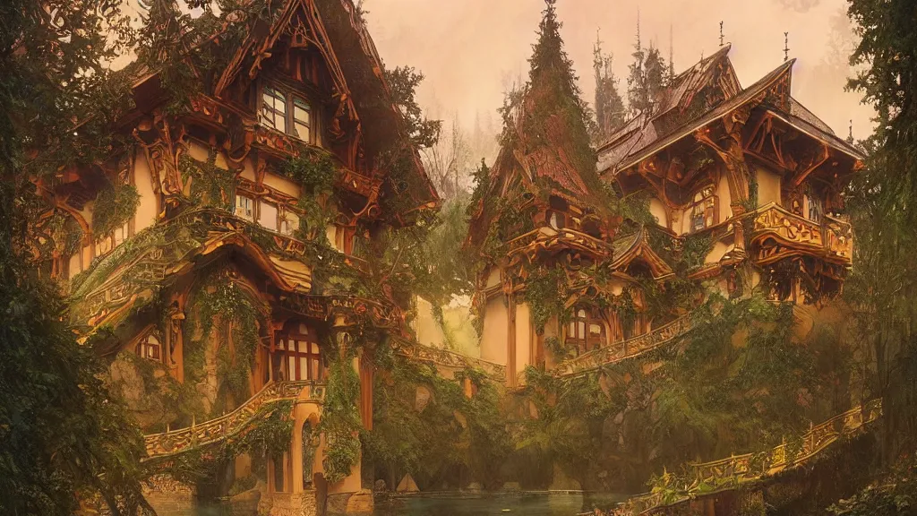 Image similar to a beautiful painting of art nouveau swiss chalet elven rivendell at sunrise, intricate, elegant, highly detailed, digital painting, artstation, concept art, by krenz cushart and artem demura and alphonse mucha