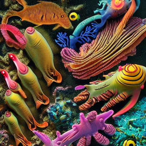 Image similar to deep sea marine creatures in vivid colours as seen through a scanning electron microscope on a dark backgound by leopold blaschka and rudolf blaschka