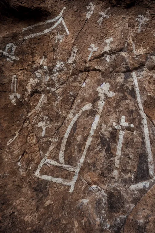 Image similar to 4 k photography of petroglyphs representing crosses, ufo, wifi symbol on a cave