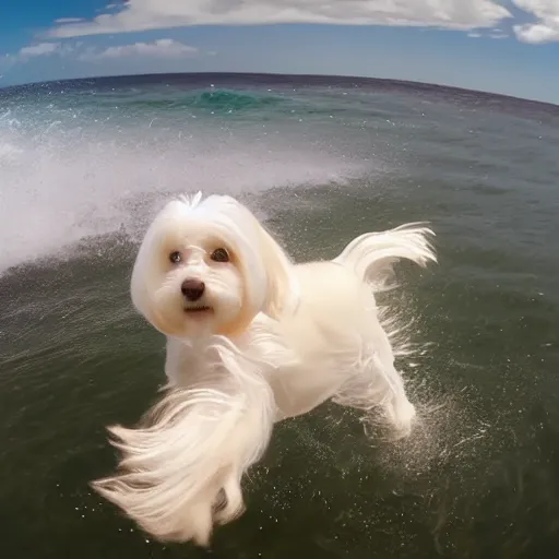 Prompt: a cream-colored havanese foil surfing, gopro photo, 4k