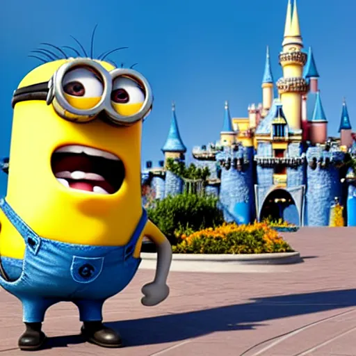 Image similar to minion in front of the disneyland castle, photo realistic, 4 k