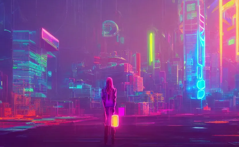 Prompt: A rainbow wizard in a cyberpunk city, magical portal, cyberpunk, glowing runes, technology, Low level, rendered by Beeple, Makoto Shinkai, syd meade, simon stålenhag, environment concept, synthwave style, digital art, unreal engine, WLOP, trending on artstation, 4K UHD image, octane render,