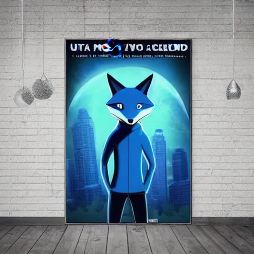 Image similar to modern ultra realistic comedy movie poster, featuring in anthropomorphic blue fox in a hoodie, promotional movie poster print