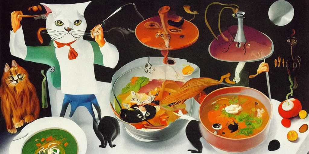 Prompt: anthropomorphic cat chef cooking a delicious colorful soup, by Salvador Dali